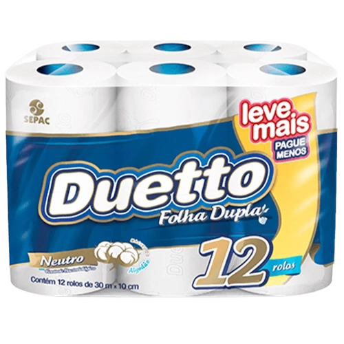 Papel Higiênico Folha Dupla Neutro Duetto 20m Pacote 12 Unidades