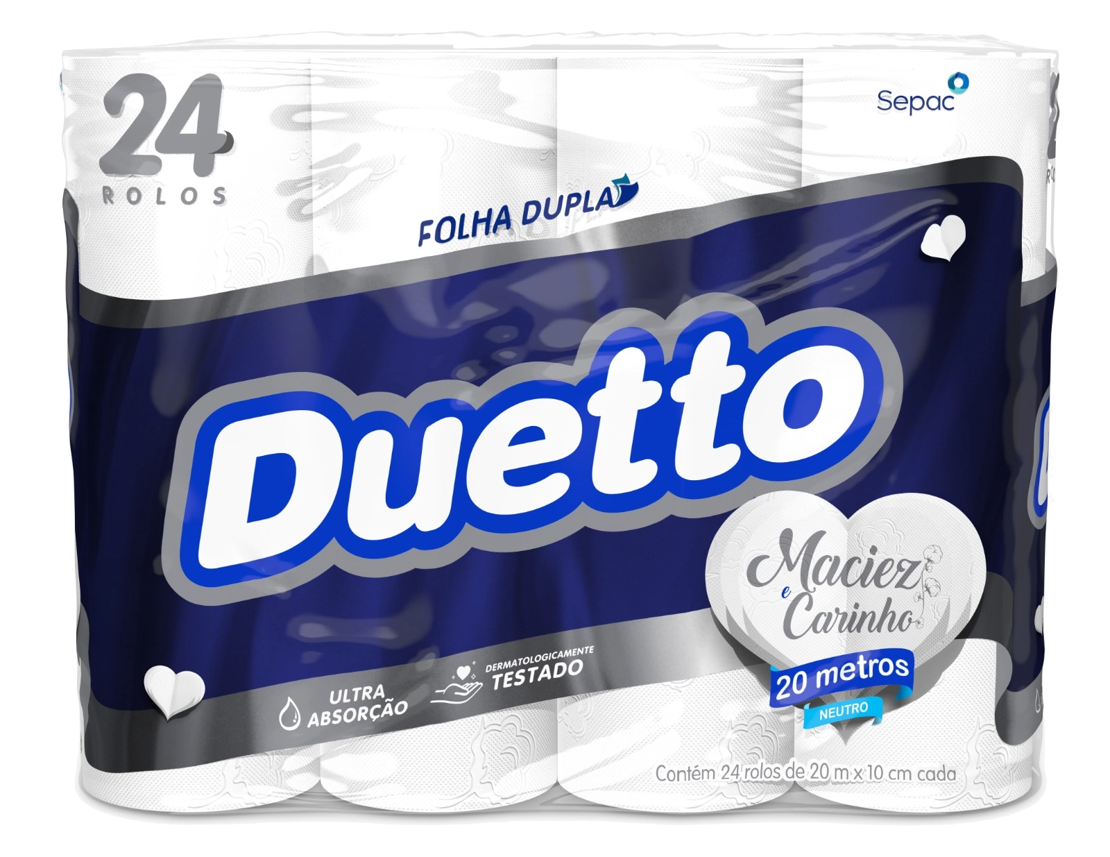 Papel Higiênico Folha Dupla Neutro Duetto 20m Pacote 24 Unidades