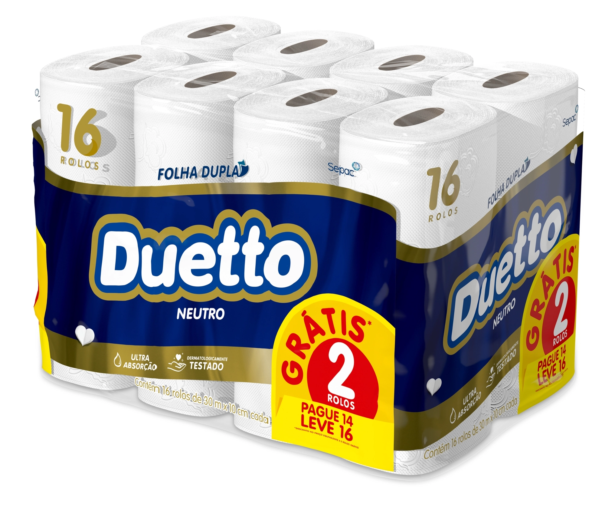 Papel Higiênico Folha Dupla Neutro Duetto 30m Pacote Leve 16 Pague 14 Unidades