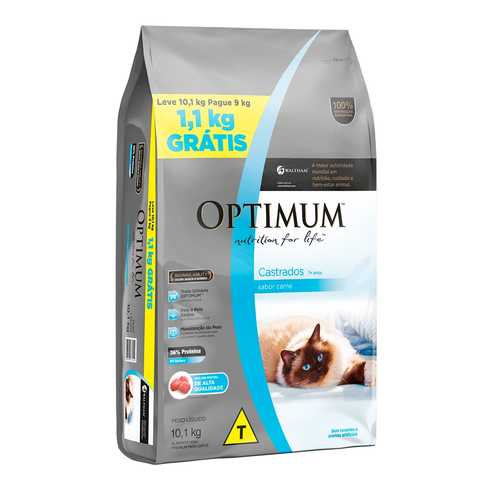 Alimento Para Gatos Castrados Adultos 1 Carne Optimum Pacote Leve 10,1kg Pague 9kg