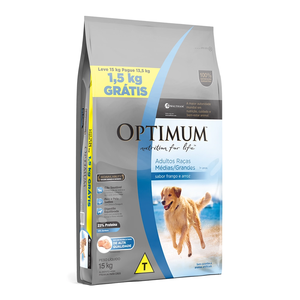 Alimento Para Cães Adultos 1 Raças Médias E Grandes Frango E Arroz Optimum Pacote Leve 15kg Pague 13