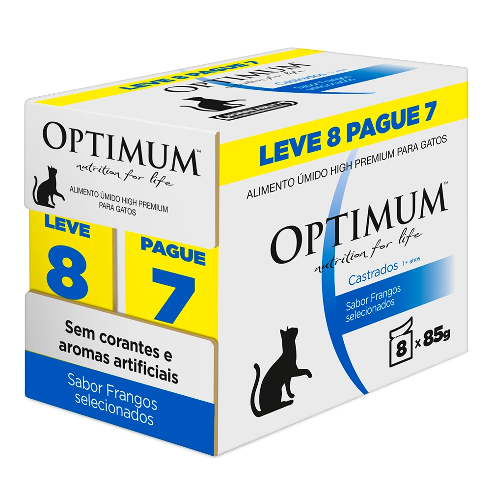 Pack Alimento Para Gatos Castrados Adultos 1 Frango Optimum Caixa Leve 8 Pague 7 Unidades 85g Cada