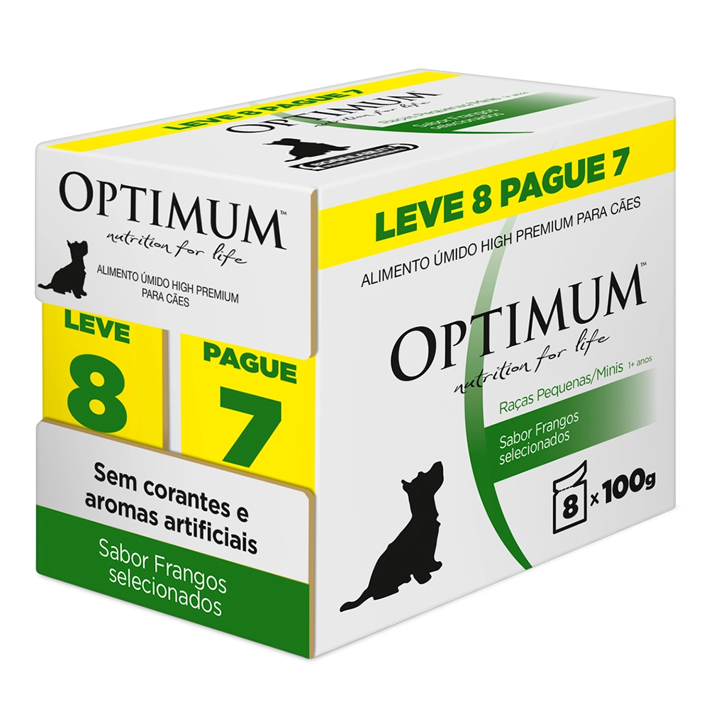 Pack Alimento Para Cães Adultos 1 Raças Minis E Pequenas Frango Optimum Caixa Leve 8 Pague 7 Unidade