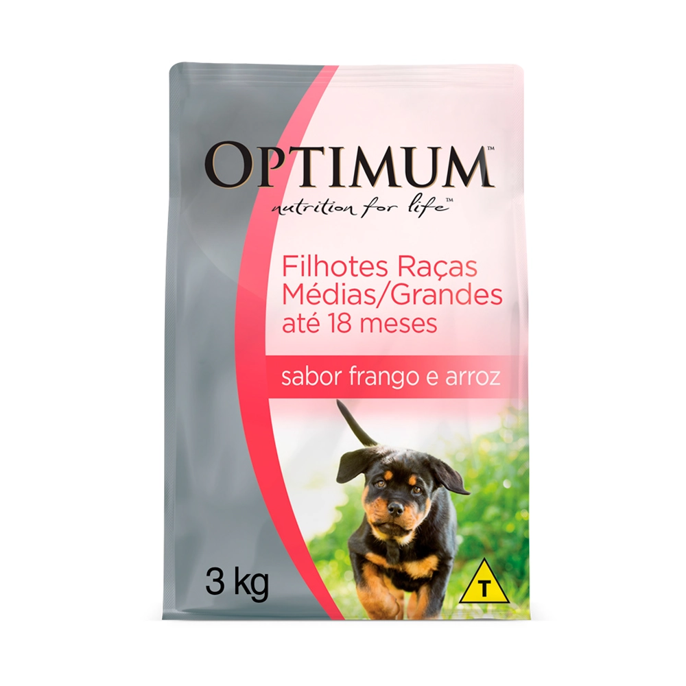 Alimento Para Cães Filhotes Até 18 Meses Raças Médias E Grandes Frango E Arroz Optimum Pacote 3kg