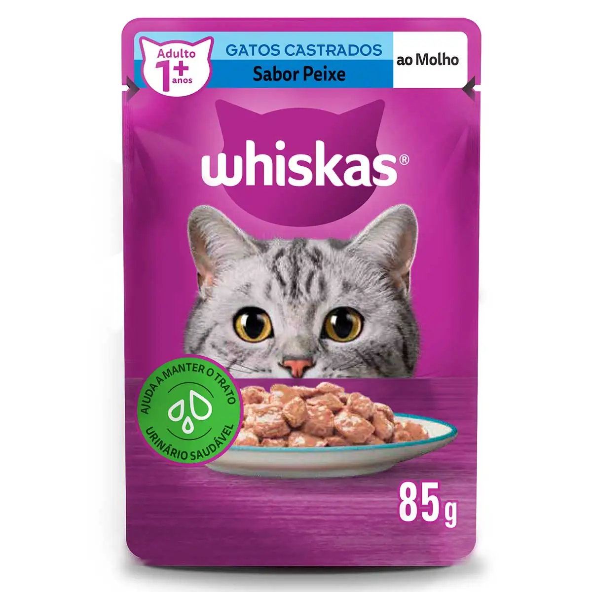Ração Úmida Whiskas Sachê Peixe ao Molho para Gatos Adultos Castrados 85g