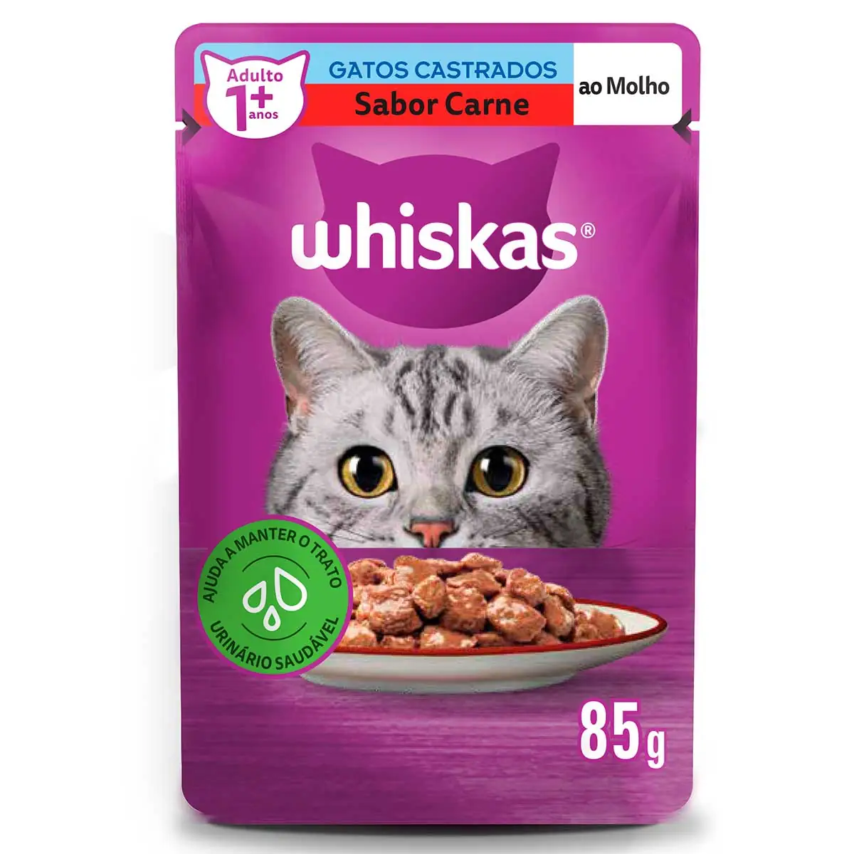Ração Úmida Whiskas Sachê Carne ao Molho para Gatos Adultos Castrados 85g