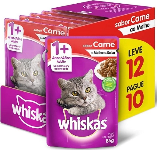 Pack Alimento Para Gatos Adultos 1 Carne Ao Molho Whiskas Caixa 1,02kg Leve 12 Pague 10 Unidades
