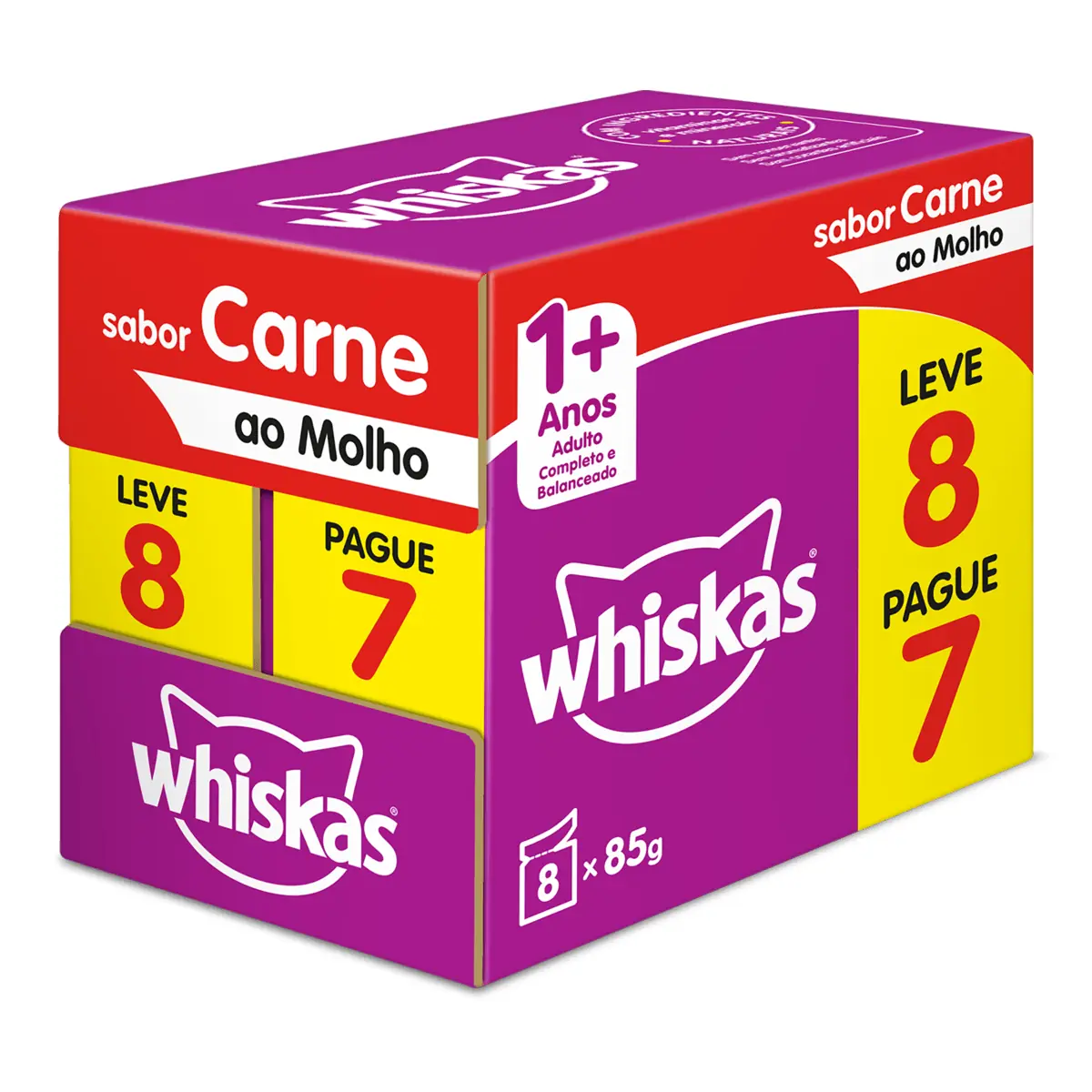 Ração Úmida Para Gatos Adultos Whiskas Sabor Carne Ao Molho 85g Leve 8 Pague 7 Unidades