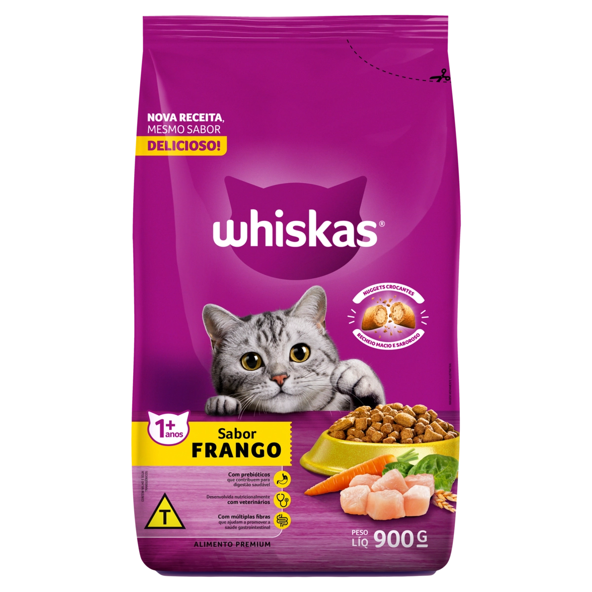 Alimento para Gatos Adultos 1+ Frango Whiskas Pacote 900g