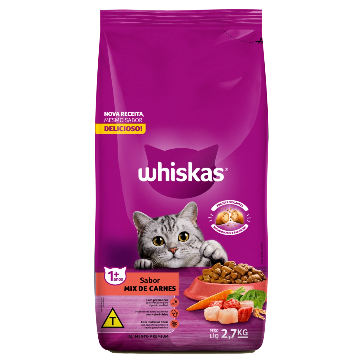 Alimento para Gatos Adultos 1+ Mix de Carnes Whiskas Pacote 2,7kg