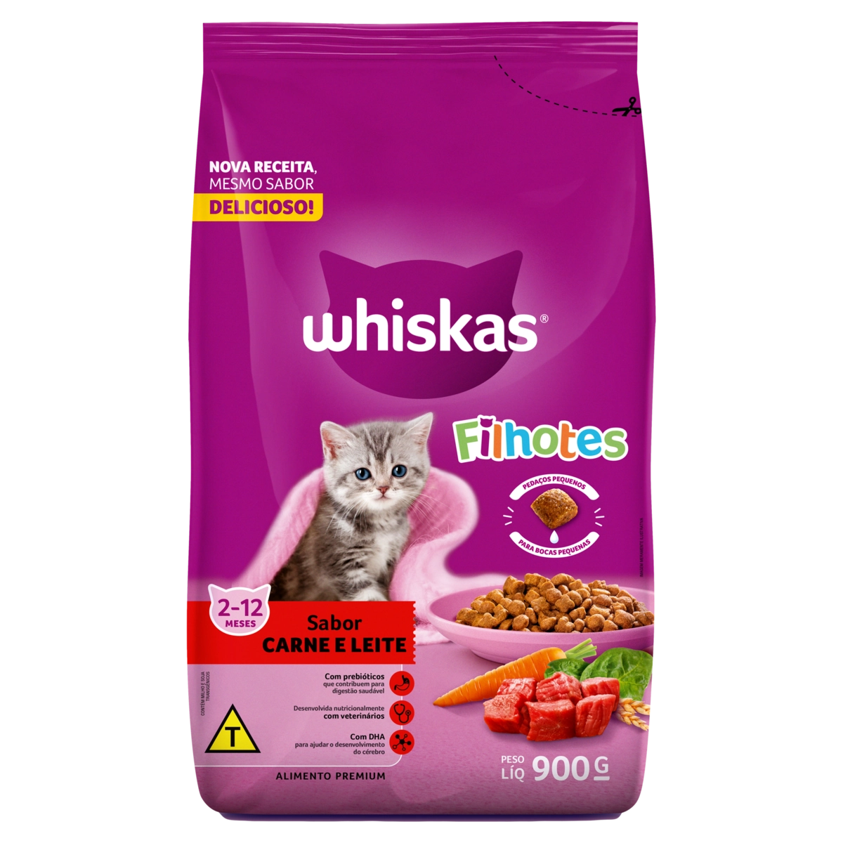 Alimento para Gatos Filhotes 2 a 12 Meses Carne e Leite Whiskas Pacote 900g