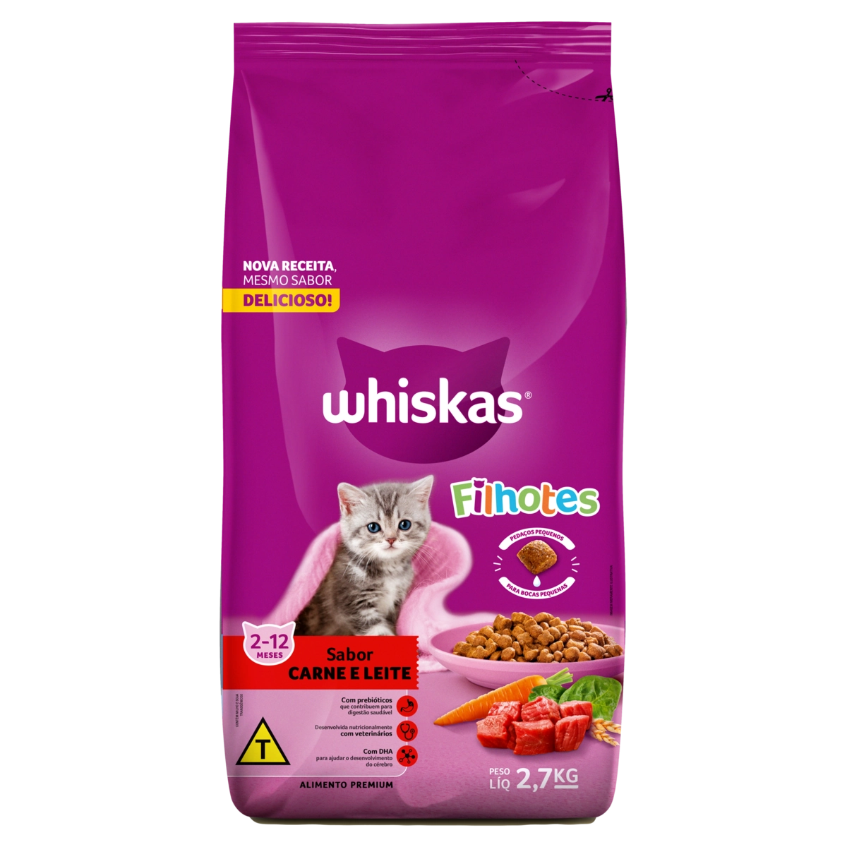 Alimento para Gatos Filhotes 2 a 12 Meses Carne e Leite Whiskas Pacote 2,7kg