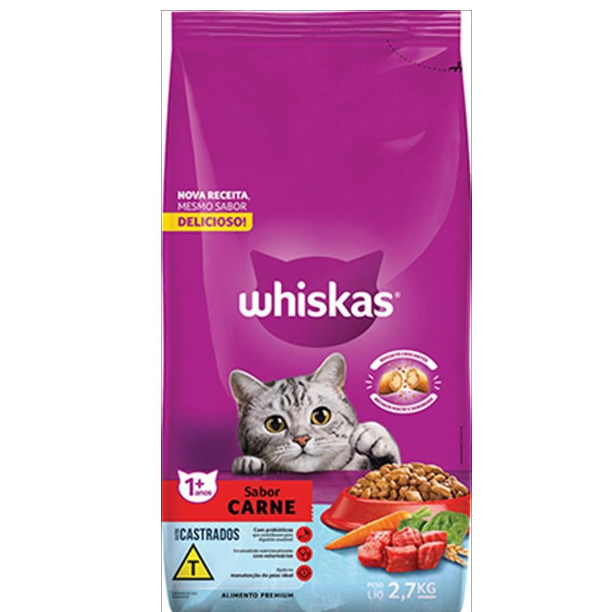 Alimento para Gatos Castrados Adultos 1+ Carne Whiskas Pacote 2,7kg