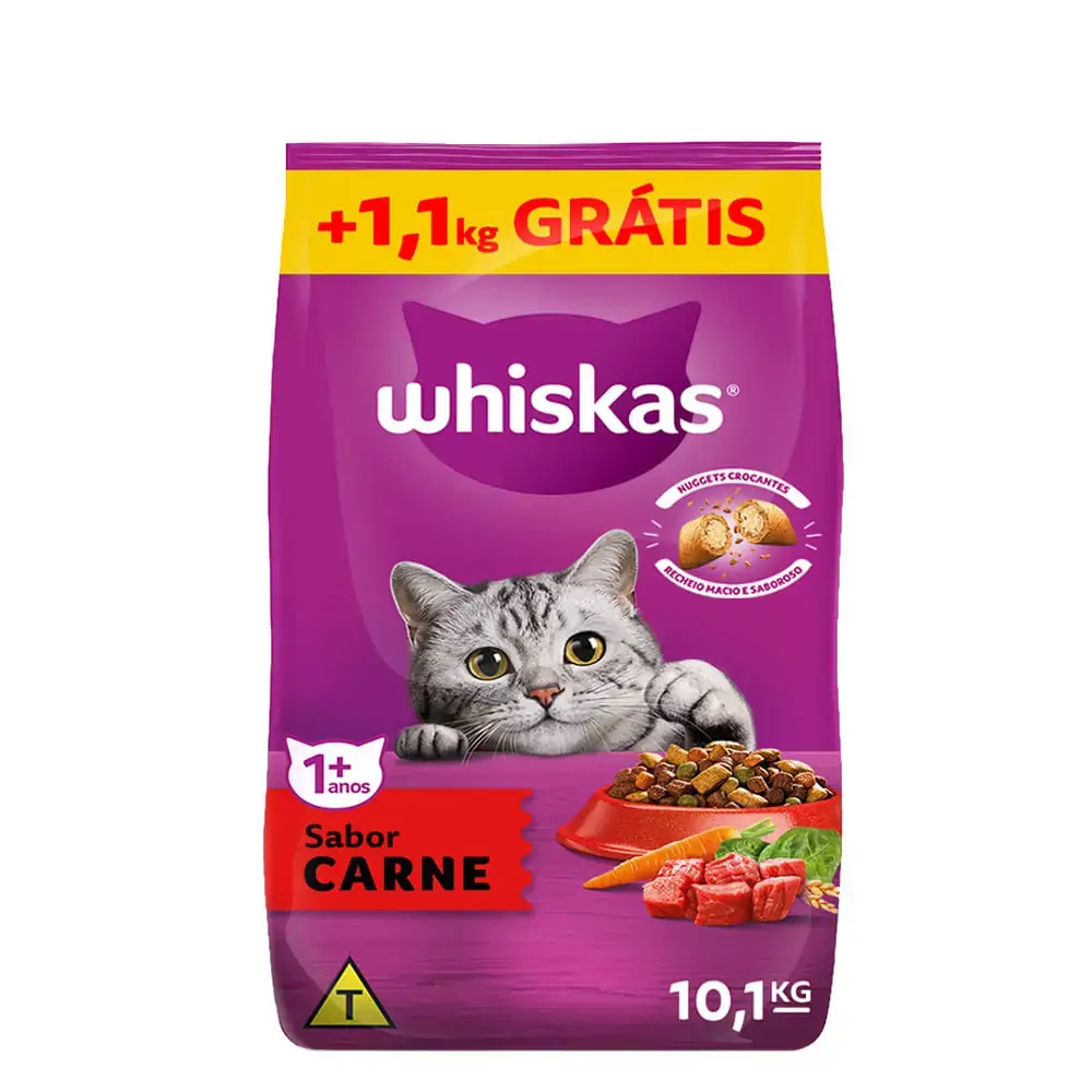 Alimento Para Gatos Adultos 1 Carne Whiskas Pacote 10,1kg Grátis 1,1kg