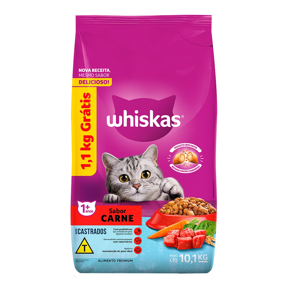 Alimento Para Gatos Castrados Adultos 1 Carne Whiskas Pacote 10,1kg Grátis 1,1kg