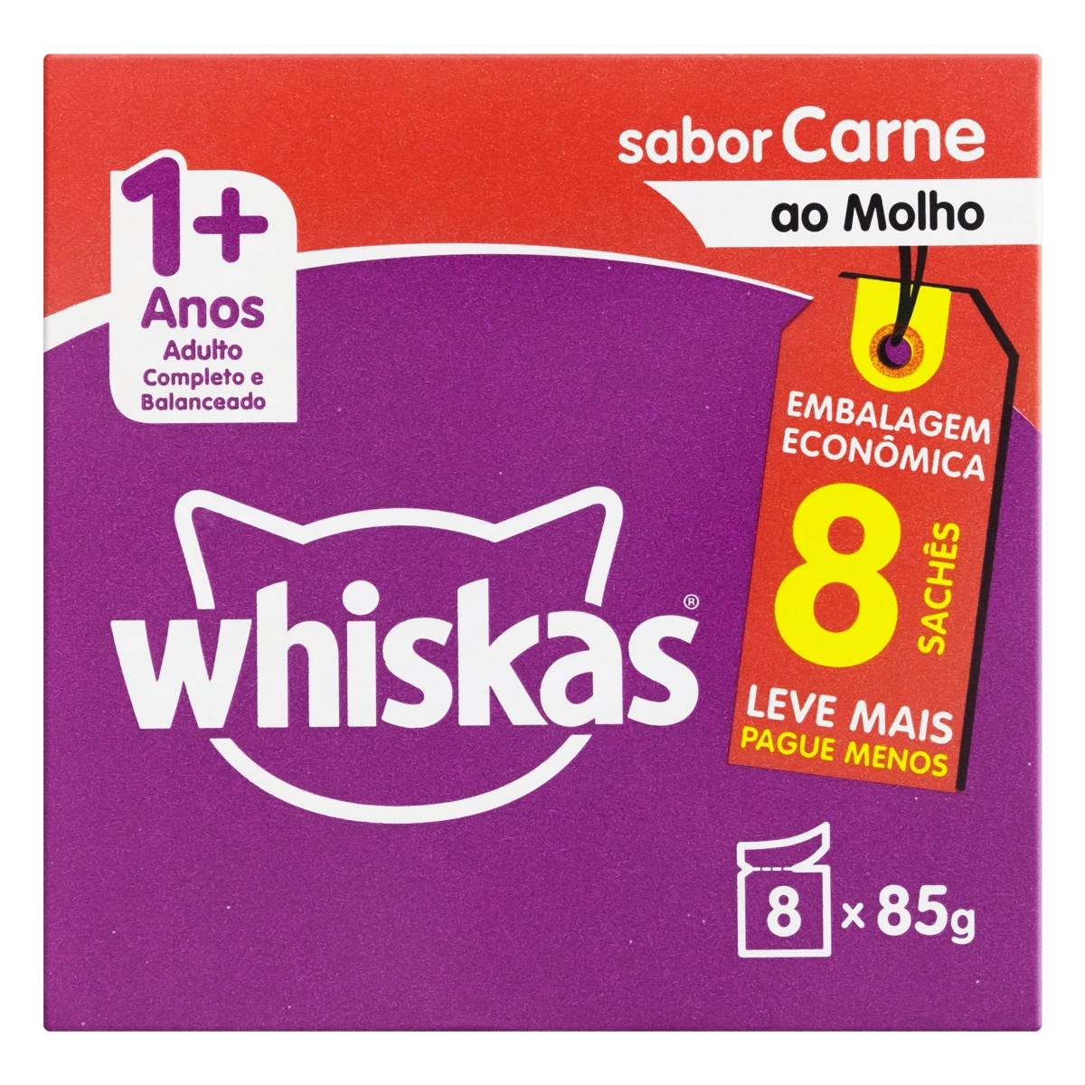 Pack Alimento Para Gatos Adultos 1 Carne Ao Molho Whiskas Caixa 680g 8 Unidades Embalagem Econômica