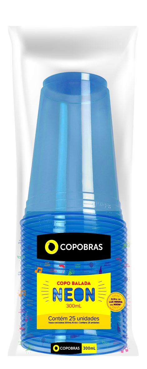 Copo Plástico Descartável Balada Neon Azul 300ml Copobras Pacote 25 Unidades