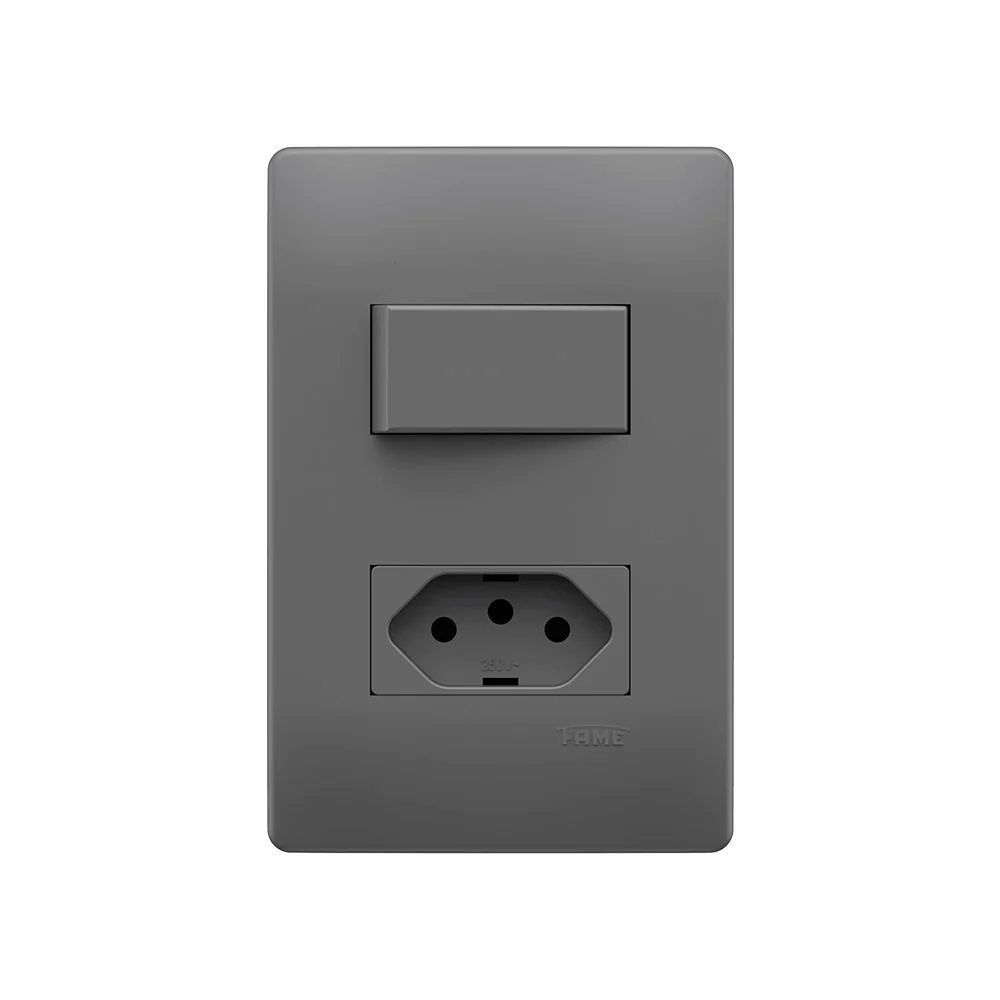 Interruptor Simples E Tomada 2p+t 10a Fame Habitat Onix Com Placa 4x2 Onix