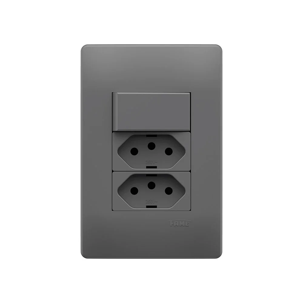 Interruptor Simples E Tomada Dupla 2p+t 10a Fame Habitat Onix Com Placa 4x2 Onix