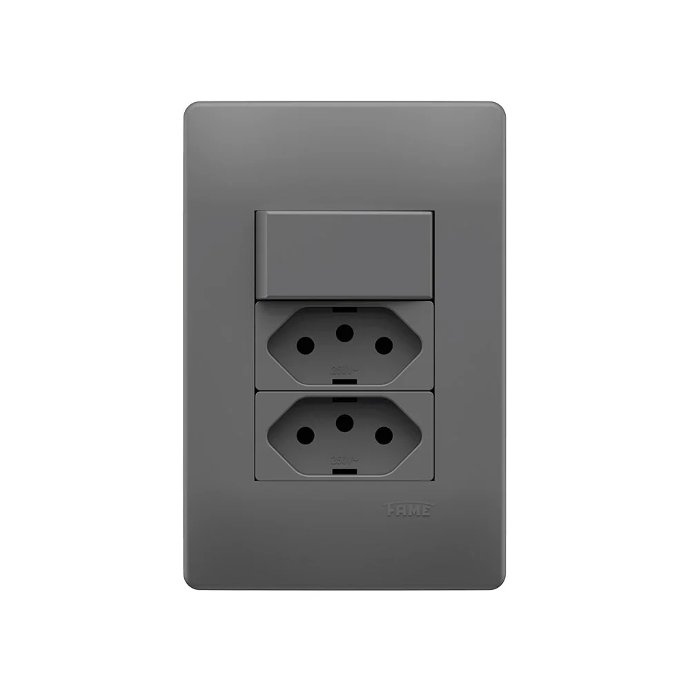 Interruptor Simples E Tomada Dupla 2p+t 20a Fame Habitat Onix Com Placa 4x2 Onix
