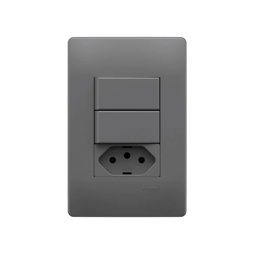 Interruptor Simples Duplo E Tomada 2p+t 10a Fame Habitat Onix Com Placa 4x2 Onix