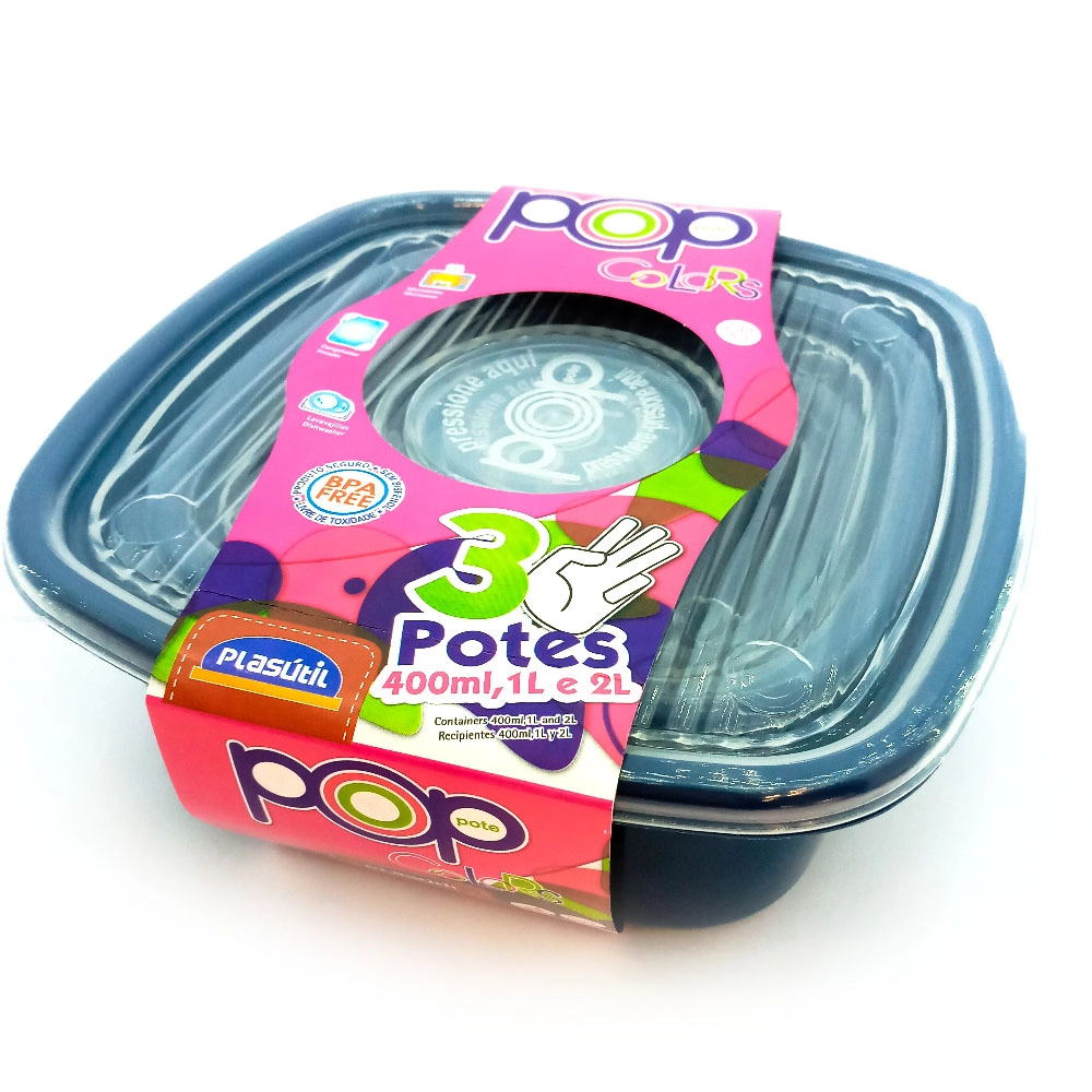 Conjunto Pote Plástico Azul Intenso Quadrado Plasútil Pop Colors 3 Unidades