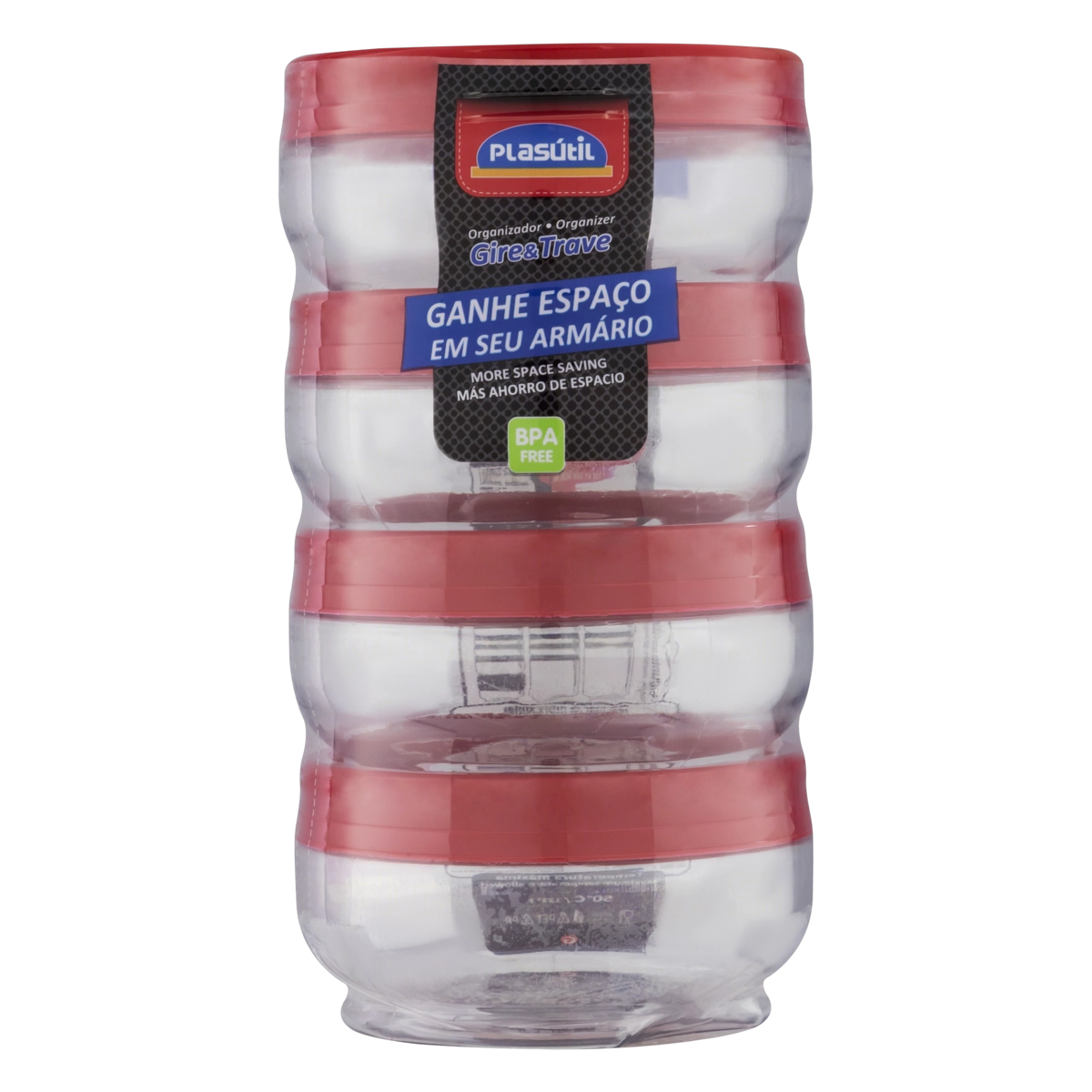 Conjunto Pote Plástico Com Tampa Vermelha Intensa Redondo 315ml Plasútil Gire E Trave 4 Unidades