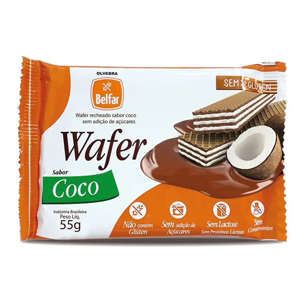 Biscoito Wafer Recheio Coco sem Glúten Zero Lactose Belfar Pacote 55g