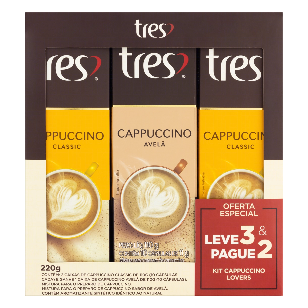 Kit Cappuccino Em Cápsula 2 Classic 1 Avelã Tres 110g Cada Leve 3 Pague 2 Unidades