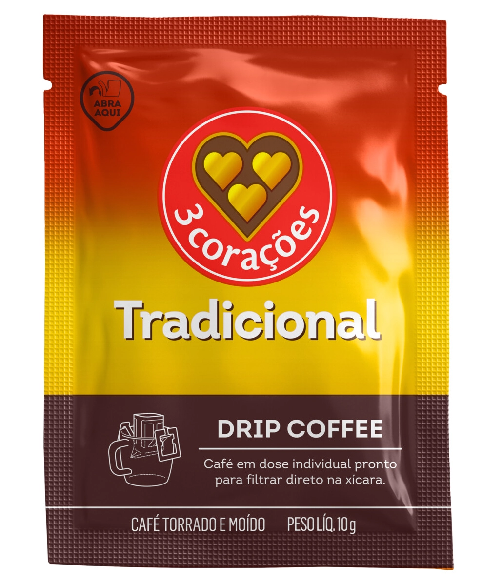 Café Em Sachê Torrado E Moído Drip Coffee Tradicional 3 Corações 10g