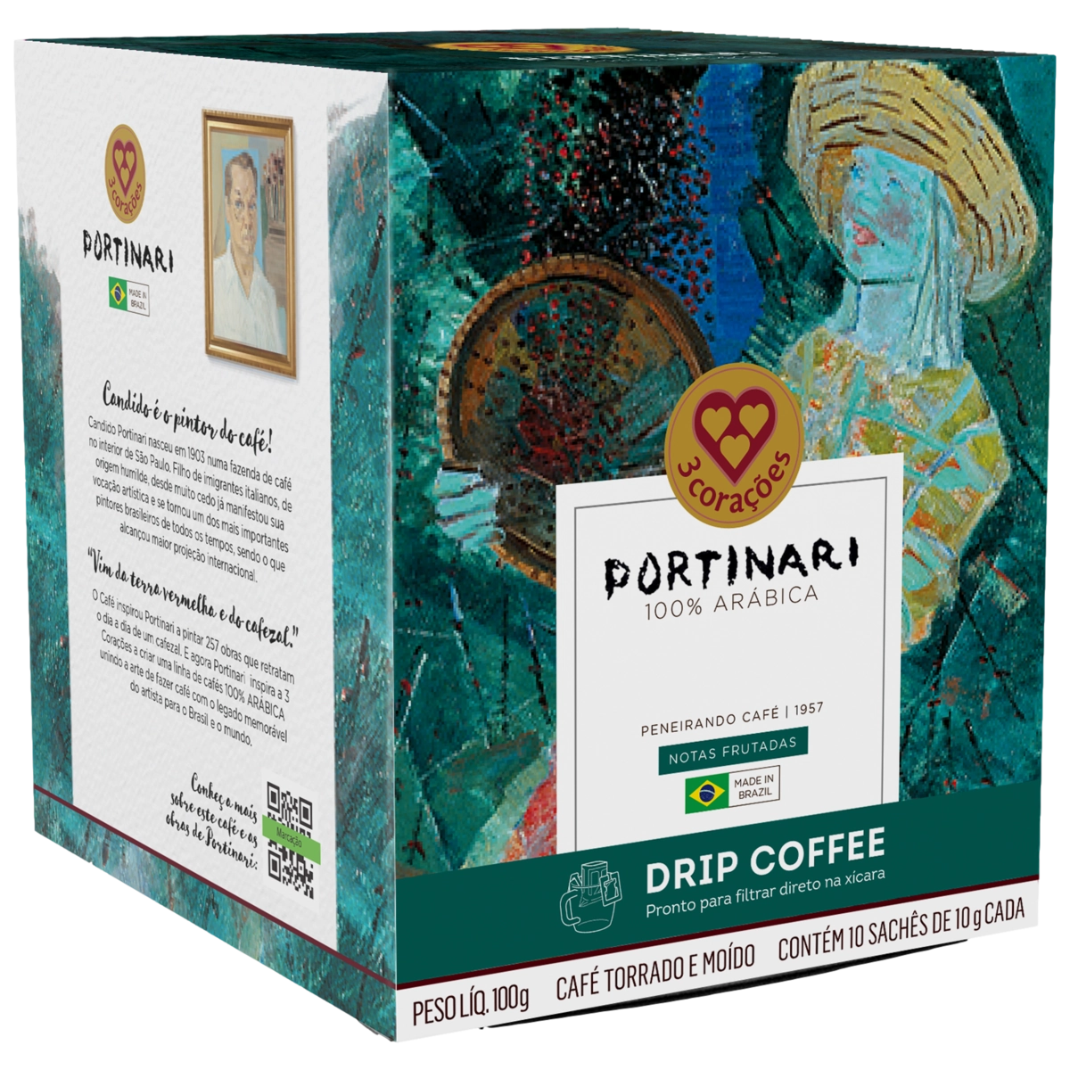 Café em Sachê Torrado e Moído Drip Coffee Peneirando Café 1957 3 Corações Portinari Caixa 100g 10 Un