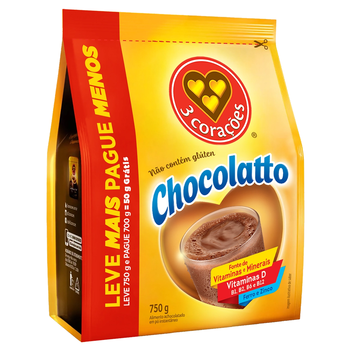 Achocolatado Pó Instantâneo 3 Corações Chocolatto Pacote Leve 750g Pague 700g