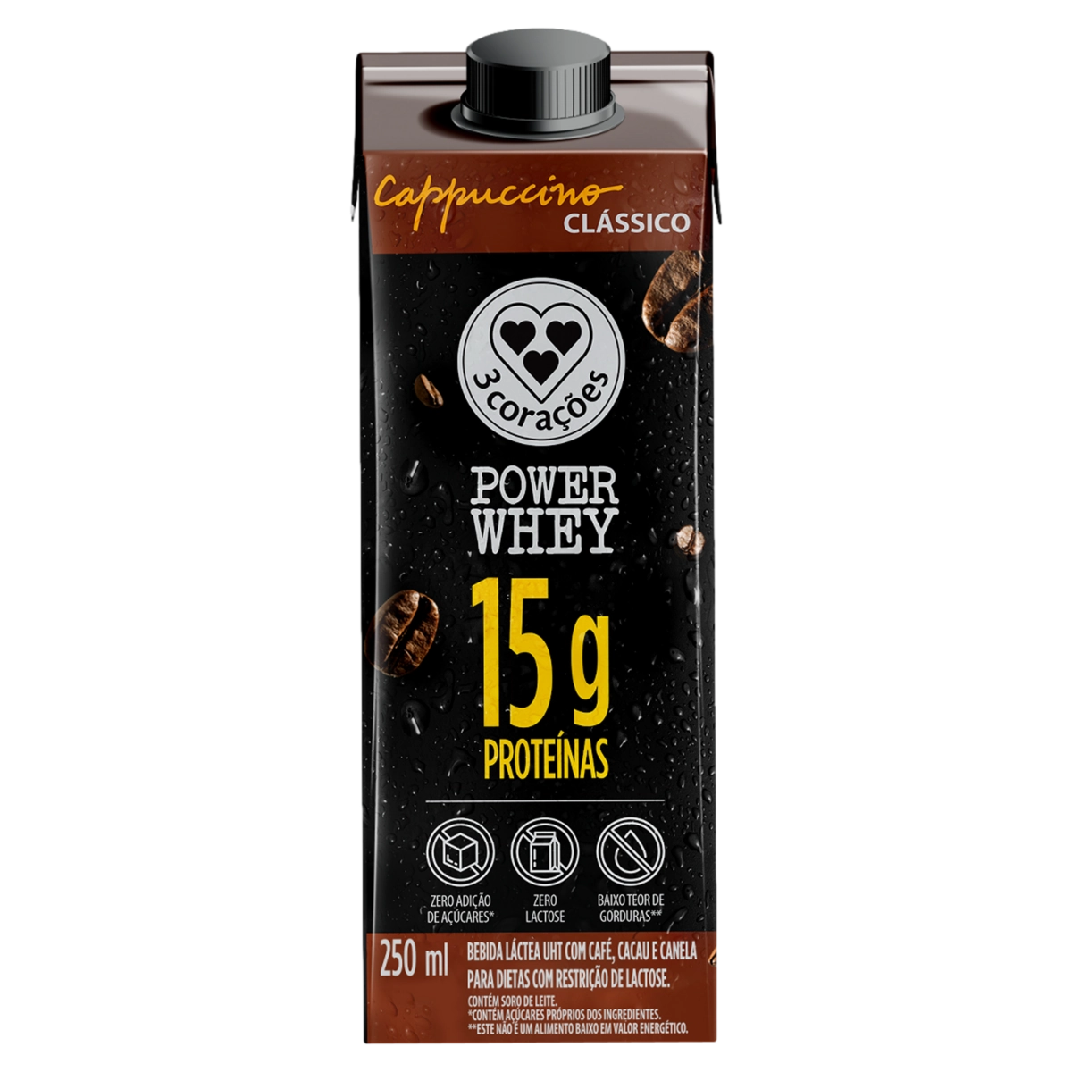 Bebida Láctea Uht Cappuccino Clássico Zero Lactose 3 Corações Power Whey Caixa 250ml