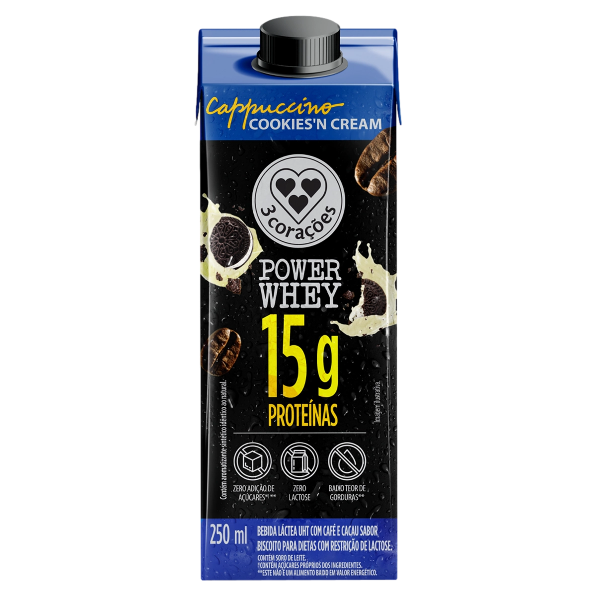 Bebida Láctea Uht Cappuccino Cookiesn Cream Zero Lactose 3 Corações Power Whey Caixa 250ml