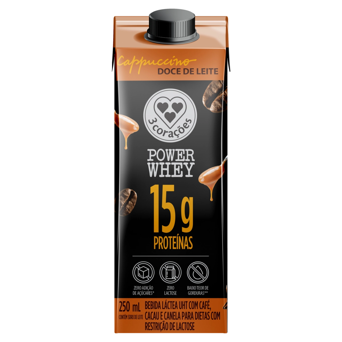 Bebida Láctea Uht Cappuccino Doce De Leite Zero Lactose 3 Corações Power Whey Caixa 250ml
