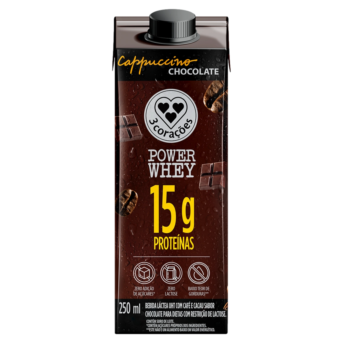 Bebida Láctea Uht Cappuccino Chocolate Zero Lactose 3 Corações Power Whey Caixa 250ml