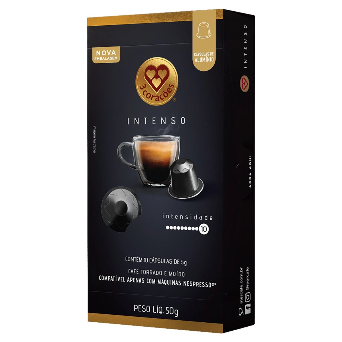Café em Cápsula Torrado e Moído Intenso 3 Corações Caixa 50g 10 Unidades