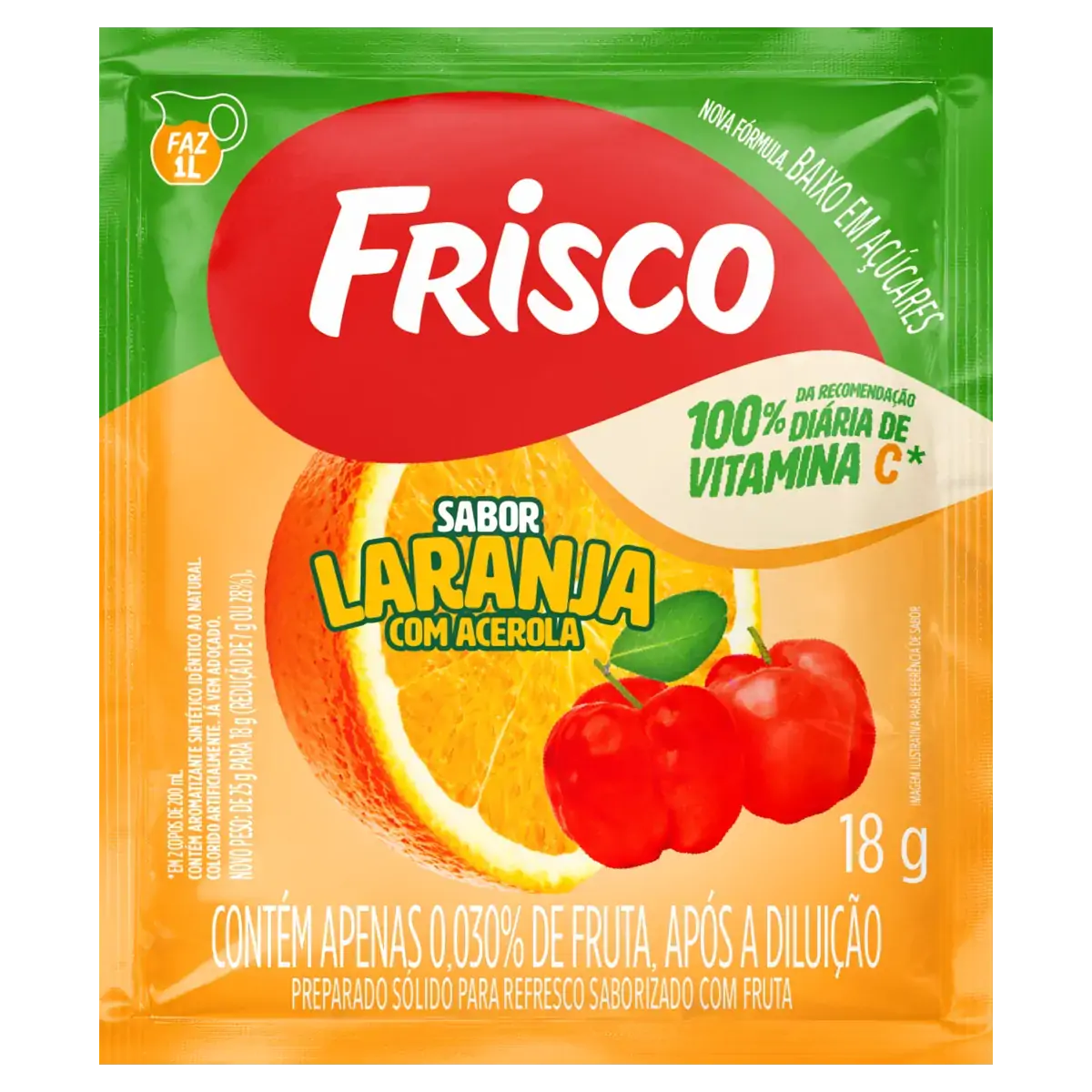 Refresco Em Pó Laranja Com Acerola Frisco Pacote 18g