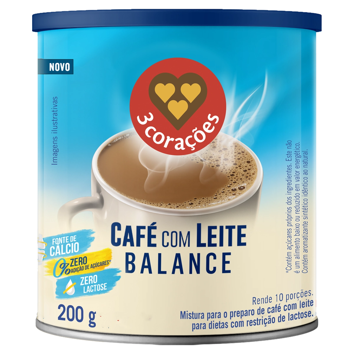 Café Com Leite Solúvel Descafeinado Zero Lactose 3 Corações Balance Lata 200g