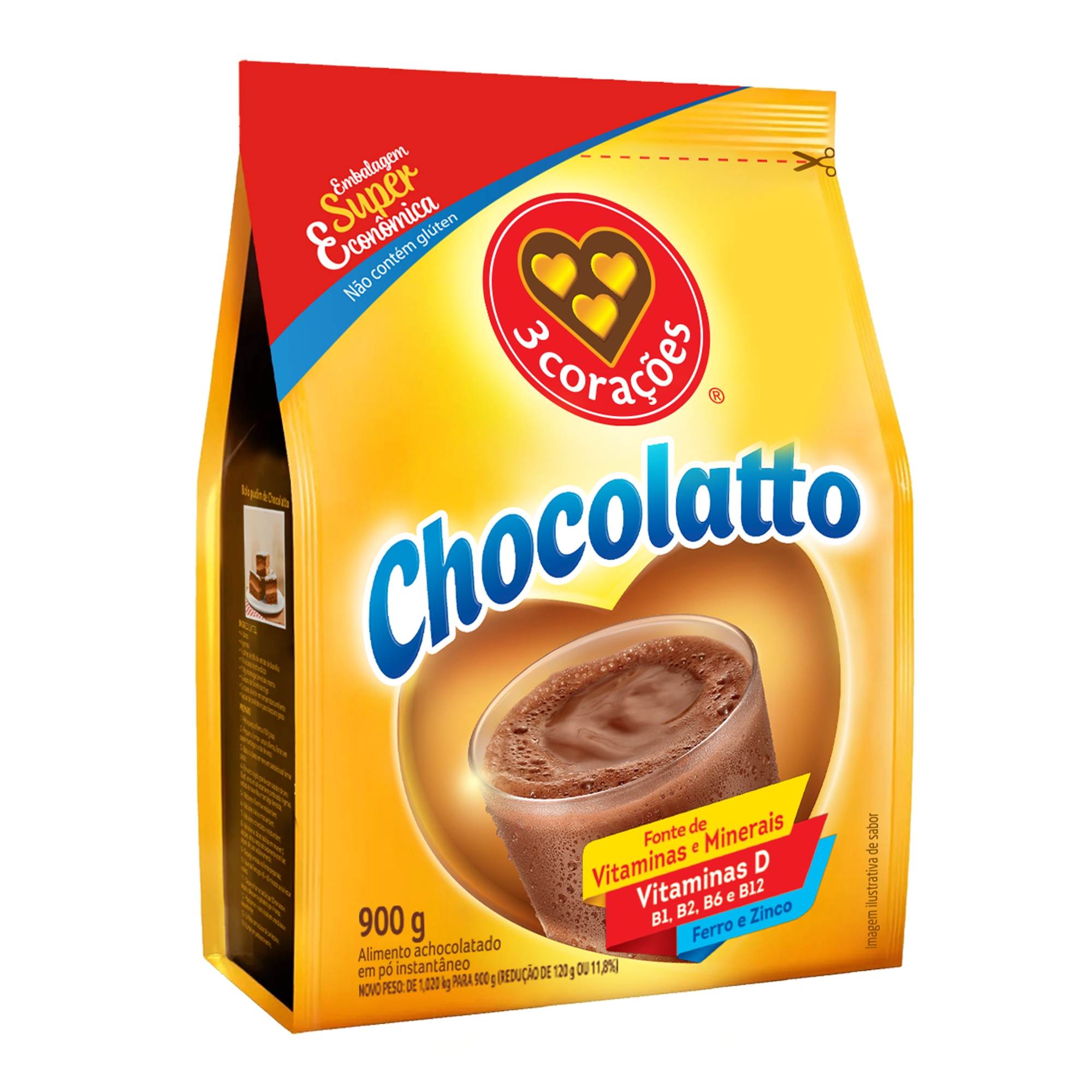 Achocolatado Pó 3 Corações Chocolatto Pacote 900g Embalagem Supereconômica
