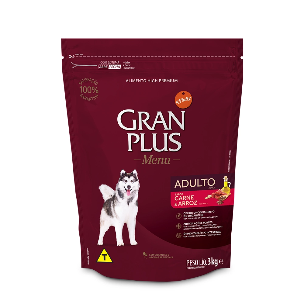 Ração Gran Plus Menu Cães Adultos Carne e Arroz 3kg