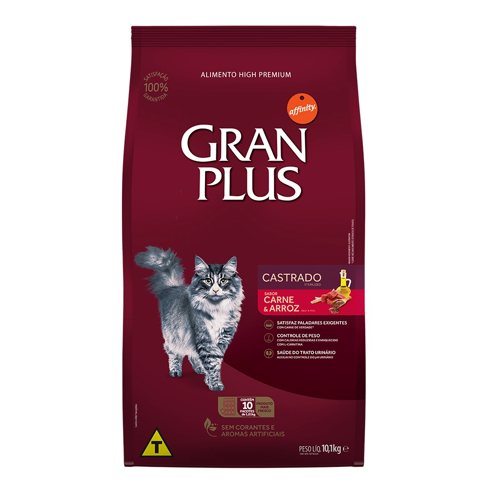 Ração Gran Plus Gatos Castrados Carne e Arroz 10,1kg pacotes individuais de 1kg