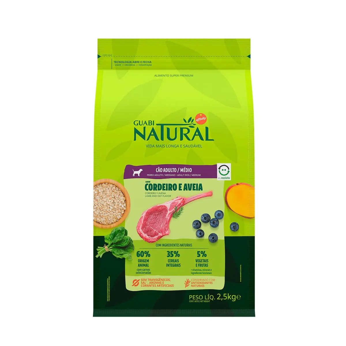 Ração Guabi Natural Cães Adulto Raças Médias Cordeiro e Aveia 2,5kg