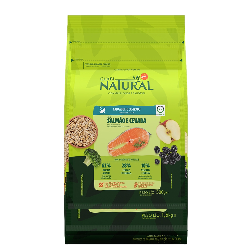 Ração Guabi Natural Gatos Adulto Castrados Salmão e Cevada 500g