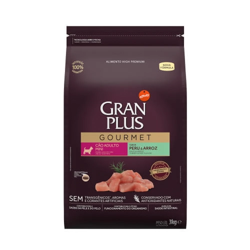 Ração Gran Plus Gourmet Cães Adultos Mini Peru e Arroz 3kg