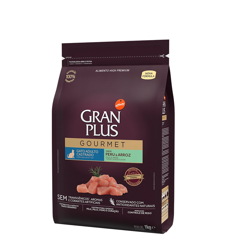 Ração Gran Plus Gourmet Gatos Castrados Peru e Arroz 1kg