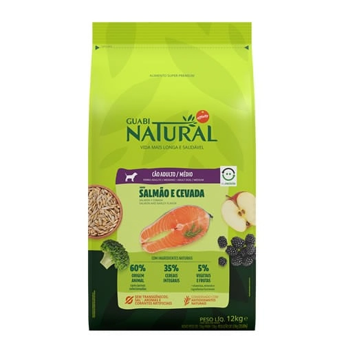 Ração Super Premium para Cães Adultos Médio Salmão e Cevada Guabi Natural 12kg