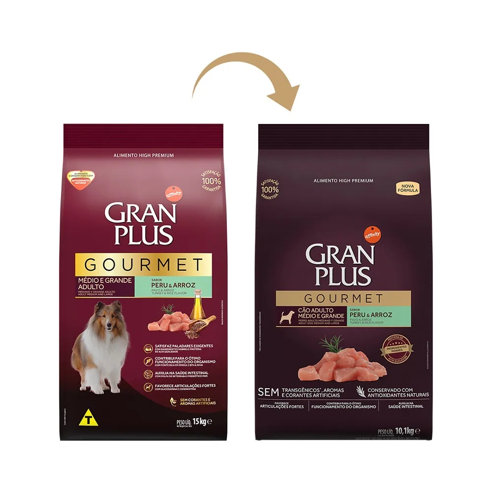 Ração Gran Plus Gourmet Cães Adultos Médio e Grande Peru e Arroz  - 10,1kg
