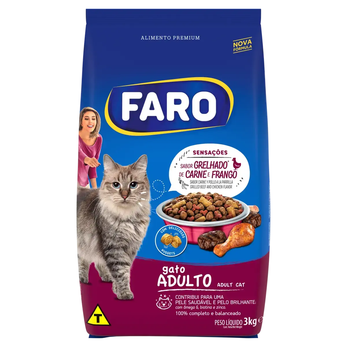 Alimento para Gatos Adultos Grelhado de Carne e Frango Faro Pacote 3kg