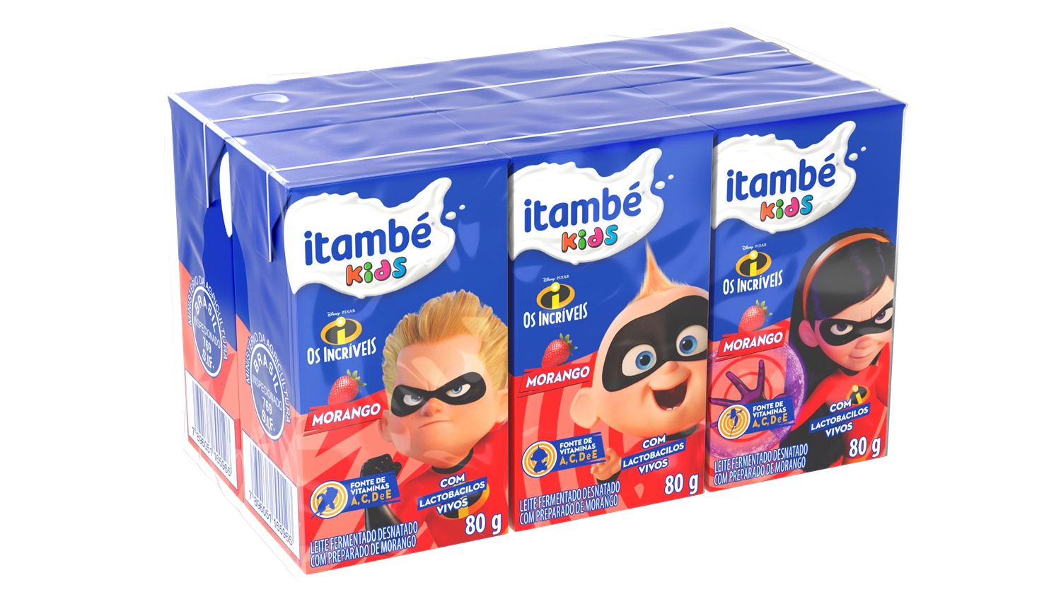 Pack Leite Fermentado Desnatado Morango Justice League Itambé Kids Caixa 6 Unidades 80g Cada